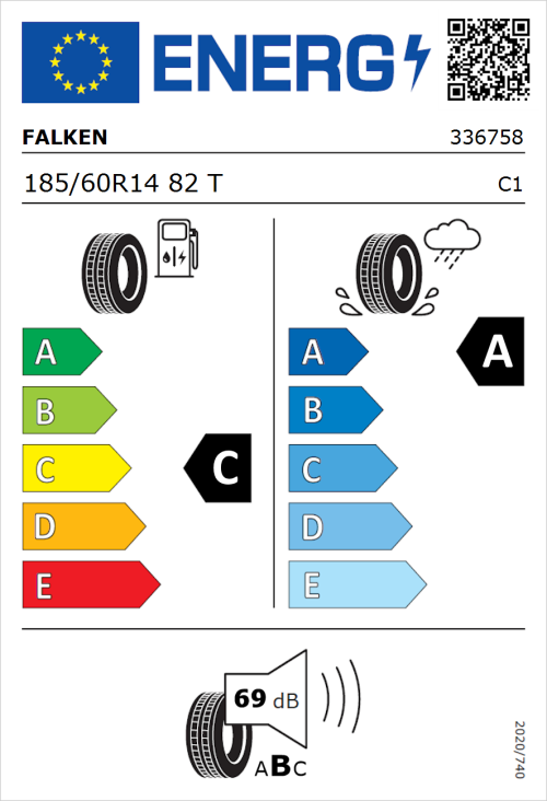 Tyre Label for Falken Sincera-SN110 185/60R14 82T