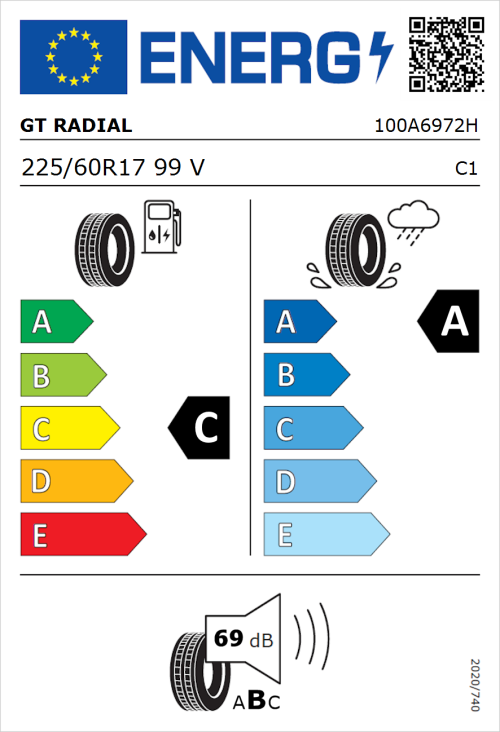 Tyre Label for GT Radial FE2 Evo 225/60R17 99V