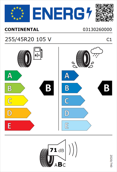 Tyre Label for Continental PremiumContact C 255/45R20 105V